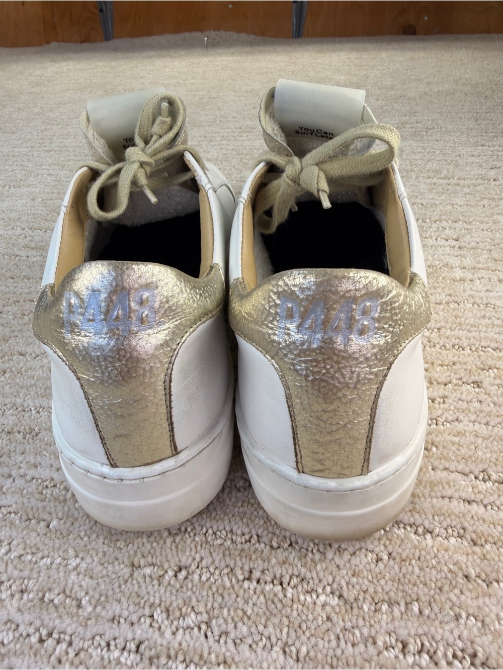 P448 Thea Women’s Low Leather Platform Sneakers White/Gold Metallic Heel/Tongue - Picture 4 of 13